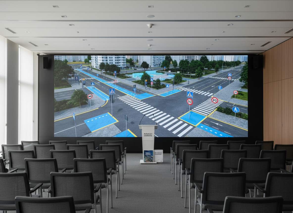 A detailed traffic safety conference scene without any people, featuring a modern lecture hall with neatly arranged rows of empty dark-grey chairs facing a large digital screen. On the screen is a crisp, high-resolution graphic of a city intersection with highlighted crosswalks, road signs, and marked safe zones in blue and yellow. The stage holds a sleek white podium with a small microphone and neatly stacked brochures labeled “Bezbednost saobraćaja.” Soft, diffused overhead lighting and subtle daylight from side windows create a professional, clear atmosphere. Photographic realism, shot at eye level with a wide-angle lens, sharp focus throughout, conveying seriousness, organization, and professionalism suitable for a road safety symposium homepage hero image.